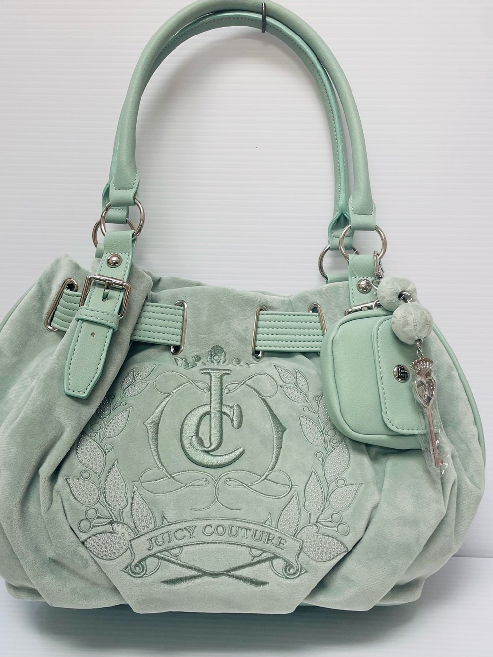 Juicy Couture Sparkle Royal Tote in Frosty Green Bag with Bag Charms - NWOT